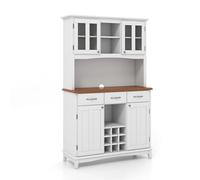 KOMFOTTEU Credenza Alta da Cucina, Armadietto Dispensa con 3 Cassetti e 4 Armadi a Ante e Portabottiglie per 9 Bottiglie, Mobile Buffet per Soggiorno, Sala da Pranzo, 112 x 43 x 184,5 cm (Bianco)