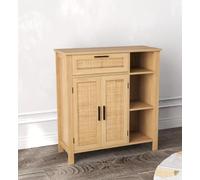 KOMFOTTEU Credenza con 2 ante in rattan, credenza a buffet con cassetto, scomparti aperti, mensola regolabile, cassettiera in legno, armadietto da cucina 75 x 30 x 80 cm