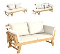 KOMFOTTEU Divano Esterno Giardino 2 Posti, 2 in 1 con Cuscino Morbido, Divanetto da Esterno in Legno di Acacia con Braccioli Regolabili, Sdraio per Terrazza e Cortile, 198/157 x 75 x 75 cm (Bianco)