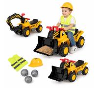 KOMFOTTEU Escavatore Giocattolo Cavalcabile per Bambini 2+ Anni | Ruspa Giocattolo per Bambini con Suoni Realistici, Sedile Ergonomico con Vano Portaoggetti, Pietre, Casco e Gilet