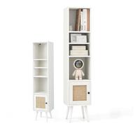 KOMFOTTEU Libreria Verticale a 5 Livelli, Libreria Scaffale con Porta in Rattan e Gambe in Legno, Mobile Camera da Letto con Ripiano Regolabile e Dispositivo Antiribaltamento per Soggiorno (Bianco)