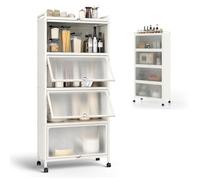 KOMFOTTEU Mobile Dispensa Cucina a 5 Livelli, Mensola Microonde con Anta a Vista, Ruote, Dispositivo Antiribaltamento, Scaffale da Cucina in Ferro per Soggiorno, Sala da Pranzo, 60x32x154cm (Bianco)