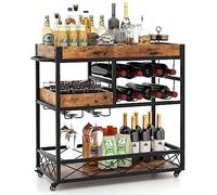 KOMFOTTEU Portabottiglie mobile, 3 livelli, vassoio superiore rimovibile, 4 ruote nella parte inferiore, MDF e ferro, per cucina, bar, 94 x 40 x 82 cm, grana di legno industriale
