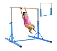 KOMFOTTEU Sbarra Ginnica per Bambini, Barra di Ginnastica Regolabile in 12 Livelli, Sbarra di Ginnastica in Acciaio e Legno, Sbarra per Ginnastica per Ragazze e Adolescenti, max 100kg (Blu-Upgrade)
