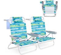 KOMFOTTEU Set di 2 Sedie da Spiaggia Pieghevoli, Spiaggina con Schienale Regolabile in 5 Posizioni, Sdraio Mare con Portabicchieri e Portaasciugamani, Lettino Prendisole per Campeggio, Picnic (Verde)