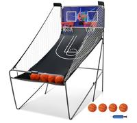 KOMFOTTEU Set di cestini da pallacanestro, arcade pieghevole a doppio cestino con contatore elettronico, 8 in 1 macchina da tiro da basket con 4 palline e pompa, 202 x 107 x 205 cm (blu)