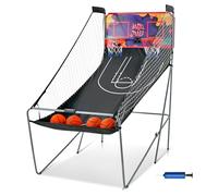 KOMFOTTEU Set di cestini da pallacanestro, arcade pieghevole a doppio cestino con contatore elettronico, 8 in 1 macchina da tiro da basket con 4 palline e pompa, 202 x 107 x 205 cm (viola)
