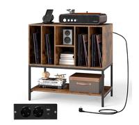 KOMFOTTEU Supporto per Giradischi con Stazione di Ricarica, Porta Dischi Vinile Vintage con 6 Scomparti e Ripiano Aperto, Espositore per Dischi in Vinile con Foro per i Cavi, 80x45x79,5cm (Marrone)