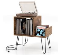 KOMFOTTEU Supporto per Giradischi con Stazione di Ricarica, Porta Dischi Vinile Vintege con Pareti Divisorie e Ripiano Laterale, Espositore per Dischi in Vinile Fino a 145 Album, 66x45x67cm (Marrone)