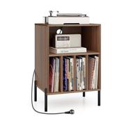 KOMFOTTEU Supporto per Giradischi in Vinil con Stazione di Ricarica, Porta Dischi Vinile Vintege con 5 Scomparti Aperti, Espositore per Dischi Fino a 145 Album per Soggiorno, 53x45x78,5cm (Noce)