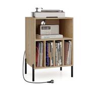 KOMFOTTEU Supporto per Giradischi in Vinil con Stazione di Ricarica, Porta Dischi Vinile Vintege con 5 Scomparti Aperti, Espositore per Dischi Fino a 145 Album per Soggiorno, 53x45x78,5cm (Naturale)
