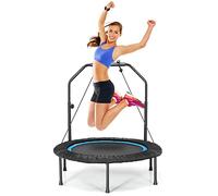 KOMFOTTEU Tappeto Elastico 2 in 1 Ø101 cm, Trampolino Elastico Fitness da Interno e Esterno con Manico Regolabile in Altezza e 2 Fasce di Resistenza, Mini Trampolino Pieghevole fino a 150 kg, Nero+Blu