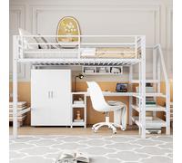 KOMHTOM 140x200cm letto alto, armadio, ripiani, scaletta portaoggetti e scrivania, senza materasso, Bianco