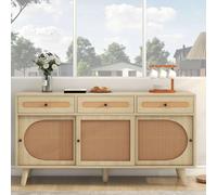 KOMHTOM Credenza in rattan con 3 ante e 3 cassetti, armadio multiuso con ripiani regolabili e supporti per gambe in legno massello, cassettiera per soggiorno e corridoio (E)
