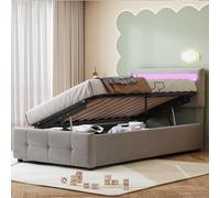KOMHTOM Letto 1 posto LED 90 x 200 letto baule con contenitore idraulico, letto imbottito con rete a doghe e testiera regolabile in altezza (grigio, materasso non incluso)