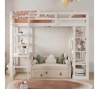 KOMHTOM Letto a castello per bambini in legno massello 90x200 cm-Con tavolo a scaletta Scaffali Appendiabiti e ripiani semplici Bianco
