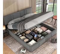 KOMHTOM Letto Cassaforte con testata, letto matrimoniale imbottito con contenitore sotto il letto, telaio del letto, rete a doghe in legno(senza materasso) (grigio, 180 x 200 cm)