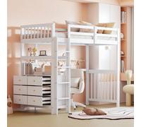 KOMHTOM Letto in legno 90 x 200 cm, letto a castello con spazio portaoggetti, cassetti, scala, letto singolo per ragazzi con tavolo, materasso non incluso