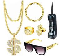 Komicea Costume da Pappone Carnevale, Kit 6 pezzi costume Hip Hop, 80s 90s Outfit Uomo, Catena d'oro Uomo Occhiali da sole Anello di Dollari Bracciale d'oro per Cosplay Carnevale Festa a Tema