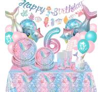 Komicea Piatti e Bicchieri per Feste di Compleanno Set, 6 anni Decorazioni Compleanno Sirena, 103 Pezzi Sirena Stoviglie per Feste(16 Ospiti)