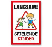Komma Security Segnale di avvertimento per bambini che giocano lentamente, 20 x 30 cm, segnale di avvertimento per guidare lentamente, avvertimento, strada da gioco, parco giochi