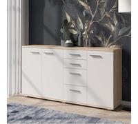 Komodee Commode FAUSKE - 4 Cassetti - 3 Ante - Quercia Sonoma - Bianco - Larghezza 138 cm, Altezza 74 cm, Profondità 34 cm