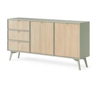 Komodee Credenza TOFINO - Rovere - Verde - Maniglie in Metallo - 3 Cassetti - Larghezza 158 cm, Altezza 80 cm, Profondità 38 cm