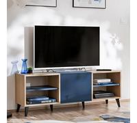 Komodee Mobile TV Fondi, blu con legno chiaro - 2 ripiani e ante, 136x35x49 cm