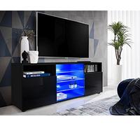 Komodee, Mobile TV Urbino, Nero/Nero, Larghezza 140 cm x Altezza 53 cm x Profondità 35 cm, Senza LED, 3 Ripiani In Vetro, 2 Vani con Ante, 2 Vani a Giorno, Per Soggiorno, Camera Da Letto