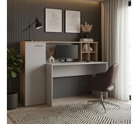 Komodee Scrivania FAUSKE - Spaziosa - Con Armadietto - Quercia Wotan - Bianca - Larghezza 153 cm, Altezza 116 cm, Profondità 54 cm