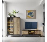 Komodee Set di mobili per soggiorno Laval, nero, rovere wotan, illuminazione LED, larghezza 257 cm, profondità 39 cm, altezza 126 cm