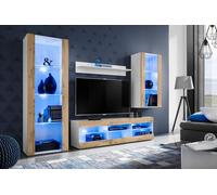 Komodee, Set Di Mobili Porta TV Tivoli Medio RTV, White/Wotan, LED Blu, Larghezza 245 cm x Altezza 159 cm x Profondità 35 cm, Per soggiorno, Camera da letto