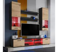 Komodee, Set Di Mobili RTV Varallo, Nero/Wotan, Larghezza 200 cm x Altezza 195 cm x Profondità 45 cm, LED RGB, Per Soggiorno, Camera Da Letto