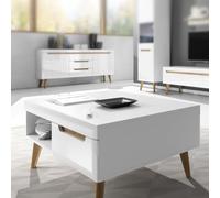 Komodee Tavolino da caffè, Tavolo SUDBURRY - Bianco - Frontali in Alto Lucido - 2 Cassetti - Larghezza 107 cm, Altezza 46 cm, Profondità 67 cm