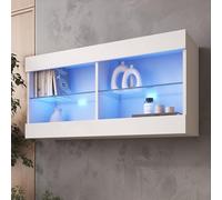 Komodee Tivoli Horizontal 100 Vetrina Sospesa, Bianco/Bianco, Illuminazione LED Blu, Larghezza 100 cm x Altezza 50 cm x Profondità 29 cm, Per Soggiorno, Sala Da Pranzo