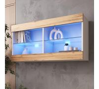 Komodee Tivoli Horizontal 100 Vetrina Sospesa, Bianco/Rovere Wotan, Illuminazione LED Blu, Larghezza 100 cm x Altezza 50 cm x Profondità 29 cm, Per Soggiorno, Sala Da Pranzo