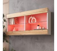Komodee Tivoli Horizontal 100 Vetrina Sospesa, Bianco/Rovere Wotan, Illuminazione LED Multicolore RGB, Larghezza 100 cm x Altezza 50 cm x Profondità 29 cm, Per Soggiorno, Sala Da Pranzo