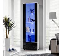 Komodee, Vetrina Armadio Alessandria, Bianco/Nero, Larghezza 60 cm x Altezza 192 cm x Profondità 42 cm, LED Blu, 3 Ripiani in Vetro, Per Soggiorno, Camera Da Letto, Ingresso