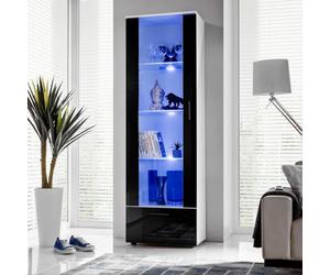 Komodee, Vetrina Armadio Alessandria, Bianco/Nero, Larghezza 60 cm x Altezza 192 cm x Profondità 42 cm, LED Blu, 3 Ripiani in Vetro, Per Soggiorno, Camera Da Letto, Ingresso