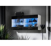 Komodee, Vetrina Savona - Armadio in vetro, Bianco/Nero, larghezza 100 cm x altezza 50 cm x profondità 30 cm, LED Blu, 2 ripiani in vetro, 2 ante per soggiorno, cucina