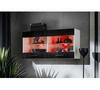Komodee, Vetrina Savona - Armadio in vetro, Bianco/Nero, larghezza 100 cm x altezza 50 cm x profondità 30 cm, LED RGB, 2 ripiani in vetro, 2 ante per soggiorno, cucina