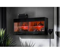 Komodee, Vetrina Savona - Armadio in vetro, Nero/Nero, larghezza 100 cm x altezza 50 cm x profondità 30 cm, LED RGB, 2 ripiani in vetro, 2 ante per soggiorno, cucina