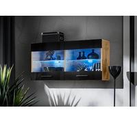 Komodee, Vetrina Savona - Armadio in vetro, Wotan/Nero, larghezza 100 cm x altezza 50 cm x profondità 30 cm, senza LED, 2 ripiani in vetro, 2 ante per soggiorno, cucina