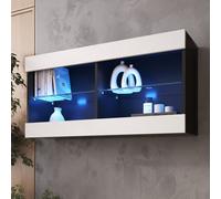 Komodee Tivoli Horizontal 100 Vetrina Sospesa, Nero/Bianco, Illuminazione LED Blu, Larghezza 100 cm x Altezza 50 cm x Profondità 29 cm, Per Soggiorno, Sala Da Pranzo