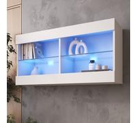 Komodee Tivoli Horizontal 100 Vetrina Sospesa, Bianco/Bianco, Illuminazione LED Multicolore RGB, Larghezza 100 cm x Altezza 50 cm x Profondità 29 cm, Per Soggiorno, Sala Da Pranzo