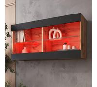 Komodee Tivoli Horizontal 100 Vetrina Sospesa, Rovere Wotan/Nero, Illuminazione LED Multicolore RGB, Larghezza 100 cm x Altezza 50 cm x Profondità 29 cm, Per Soggiorno, Sala Da Pranzo