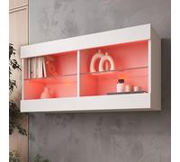 Komodee Tivoli Horizontal 100 Vetrina Sospesa, Bianco/Bianco, Illuminazione LED Multicolore RGB, Larghezza 100 cm x Altezza 50 cm x Profondità 29 cm, Per Soggiorno, Sala Da Pranzo