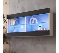 Komodee Tivoli Horizontal 100 Vetrina Sospesa, Bianco/Nero, Illuminazione LED Blu, Larghezza 100 cm x Altezza 50 cm x Profondità 29 cm, Per Soggiorno, Sala Da Pranzo