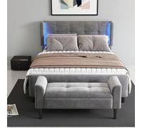 Komplettschlafzimmer set, imbottito dal design moderno + 1x comodino + ocker, matrimoniale con barre luminose a 16 colori sulle orecchie laterali, comodino con 2 cassetti, grigio (140x200 cm)