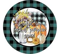 KoneFeco Cartello rotondo in metallo con scritta "Hooked On Fall And Pumpkin Spice Wreath", cartello autunnale, cartello con zucca, decorazione da parete per casa, bar, cucina, ristorante, 30,5 x 30,5